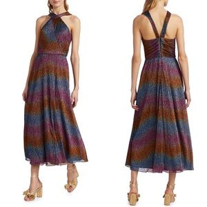 NWT Monique Lhuillier Halterneck Rainbow Shine Metallic Midi Dress